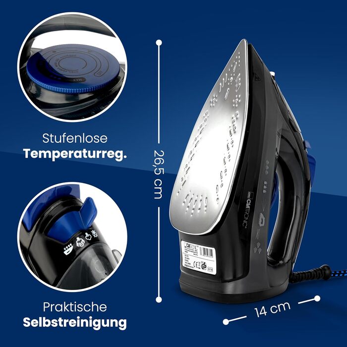 Праска Clatronic® з нержавіючою сталевою підошвою | 1800W | Праска з парою | 150мл резервуар | швидкий нагрів | Праска з захистом від протікання та від накипу | DB 3703