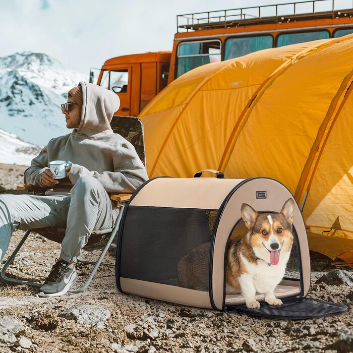 Складана переноска для собак Petfit для маленьких собак і котів, портативна та з гарною вентиляцією, для дому, з вигнутим дахом, переноска-ліжко для собак з анти-відкриваючим блискавкою та подушкою (Хакі, M)