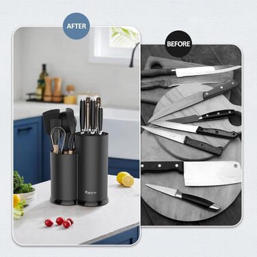 Knife Block Without Knives, Black Universal Round Knife Block Holder Unfurnished with Utensil Holder, Empty Knife Block - Holds 12 8-Inch Knives, Suitable for All Kitchen Knives
