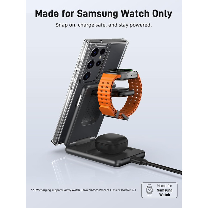 Магнітна зарядна станція 3-в-1 для Samsung Galaxy S25 Ultra/S24 з MagSafe, зарядка для годинників Galaxy Watch Ultra/8/7/6, бездротовий зарядний пристрій для подорожей (сріблястий)