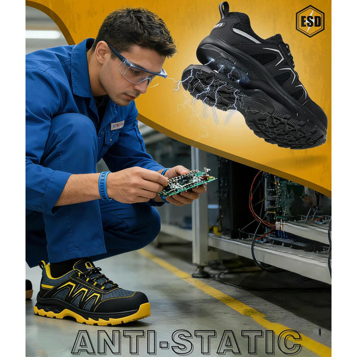 Черевики безпеки чоловічі/жіночі ESD Antistatisch SR, неслизькі робочі черевики з металевим підноском, легкі, дихаючі, комфортні, широка колодка, для промисловості та виробництва, 43 EU, чорні