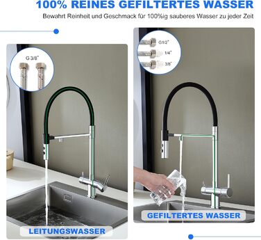 3-шляховий змішувач для кухні з поворотним гусаком 360°, 2 функції (злив/душ), 3-в-1, з двома ручками, для фільтрації води, з міді та нержавіючої сталі, хром, з магнітною насадкою для душу