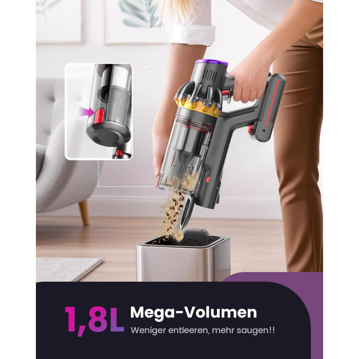 Бездротовий акумуляторний пилосос 45000 Па/580 Вт/70 хв, легкий, 6-в-1, з LED дисплеєм, станцією зарядки та насадкою проти спутання шерсті, для твердих поверхонь, килимів та шерсті тварин