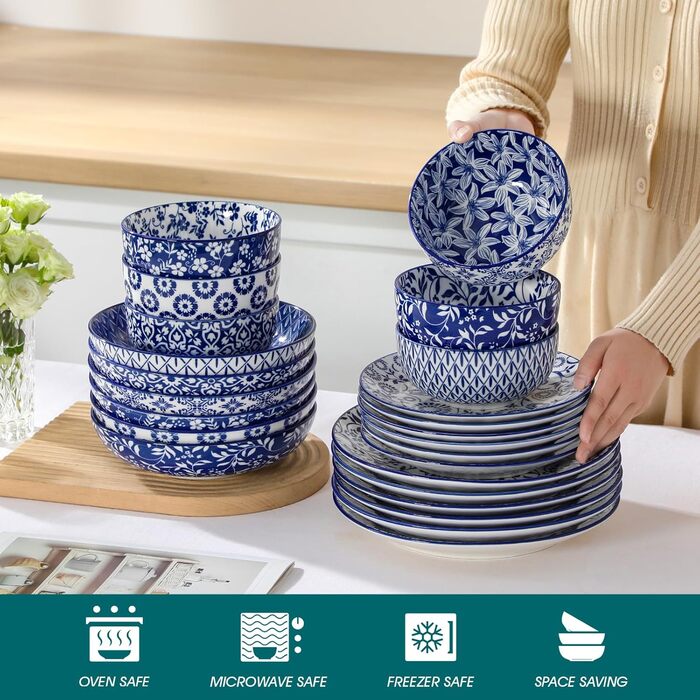 Набір посуду на 6 осіб Vancasso Selene 24 частини: тарілки, супові тарілки, салатники, миски. Керамічний сервіз з порцеляни, блакитно-білий.