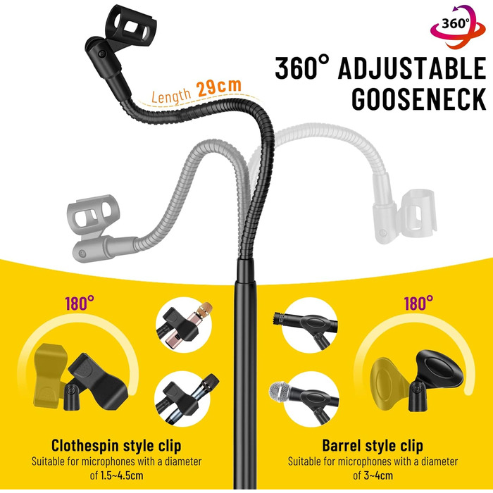 Підставка для мікрофона 2-в-1 з трьома кліпсами для кабелів, для вокалу, сцени, конференцій та презентацій, розширювана, CY0311 (з лебединою шиєю)