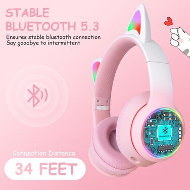 Дитячі навушники AXFEE з Bluetooth, котячі вушка, LED-підсвічування, Over-Ear, стерео, бездротові, з мікрофоном, Micro SD/TF, для телефону/планшета/ПК