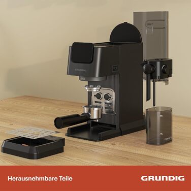 GRUNDIG KSM 5330 Espresso Machine with Integrated Milk Container, 1628 W Power, 15 bar Pump Pressure, Dual Nozzle, Color Touch Display, BrewSense, CreamyPro, Dark Inox/Black. With Milk Container