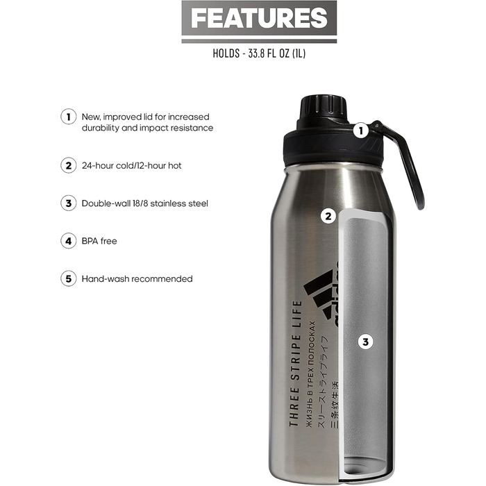 adidas Metal Water Bottle, Stainless Steel, Insulated, Leak-Proof, Durable, Sports Water Bottle, Stainless Steel/Black/2, 32 Ounces