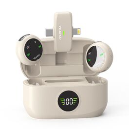 Мікрофон 2-в-1 для iPhone та Android з шумозаглушенням, кейс на 40 годин, магнітна застібка та кріплення для інтерв'ю, 25 метрів (Бежевий)