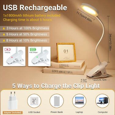 LED лампа для читання Akynite з акумулятором, 5 кольорів та 5 рівнів яскравості, кріпиться на ліжко, дитяча лампа для пеленального столика, біла