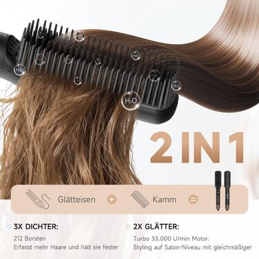 Гладка щітка 2-в-1 з алюмінієвими зубцями та захистом від опіків - для красивого волосся, підходить для всіх типів, 7 температур, LCD-дисплей, чорний