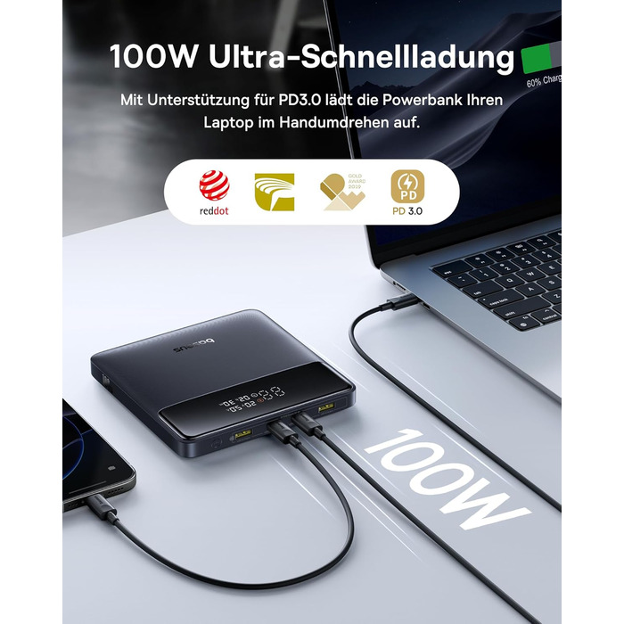 Power Bank Baseus 20000mAh 100W PD: Швидка зарядка для ноутбуків, MacBook, iPad, iPhone, Samsung та інших пристроїв (Чорний)