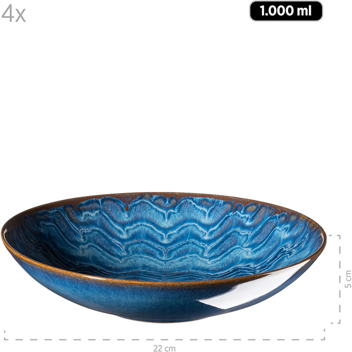 Набір тарілок MÄSER Aquamarine (12 шт.) з якісної кераміки: великі, супові та десертні. Керамічний посуд для 4 осіб, блакитний колір, з візерунком.