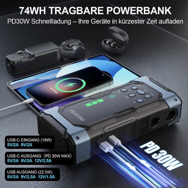 Powerbank для автомобіля Starthilfe 7000A з компресором 150PSI, 12V, до 10L дизеля, QC3.0, LCD, ліхтарик