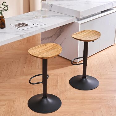Kidol Adjustable Height Bar Stools 2-Pack - 360° Swivel, Round Wooden Seat, Metal Frame, for Kitchen/Bar/Living Room (Brown)