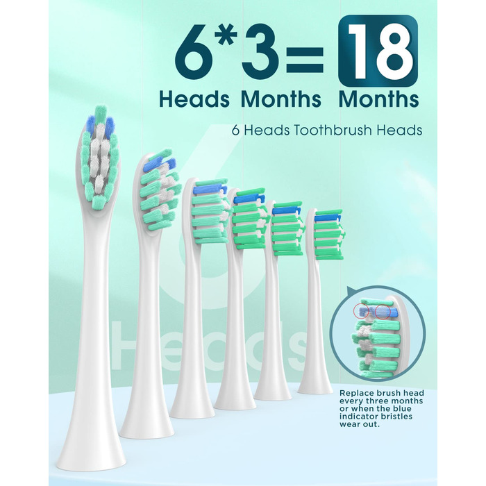 Електрична зубна щітка для дорослих з 6 насадками, акумуляторна звукова, 180 днів роботи, світло-зелена