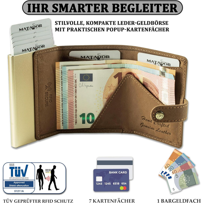 Гаманець Matador Slim Miami з RFID-захистом для кредитних карт, шкіряний міні-портмоне для чоловіків з відділенням для монет, світло-коричневий + подарункова коробка