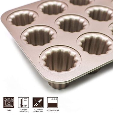 Canele Mold, Carbon Steel, 12 Cavities, Non-Stick, Canelé Molds, Baking Pans for Oven Baking, Cupcake
