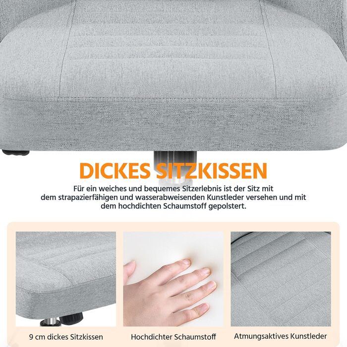 Офісне крісло Yaheetech без підлокітників, обертове з роликами, регульоване по висоті, для роботи та макіяжу (сірий, тканина)