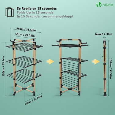 Сушарка для білизни VOUNOT вежа 3-ярусна, складана, на колесах, біла (чорна) - 25м, імітація дерева