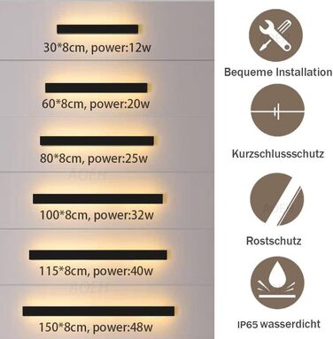 Long Villa Wall Light Black Waterproof IP65 Aluminum Acrylic Outdoor LED Wall Light for Gardens, Terraces, Bedrooms, Living Rooms, Indoor, 30cm/12w, Warm light