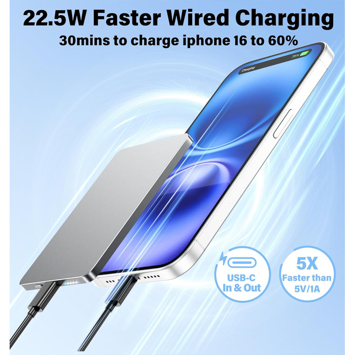 Power Bank Magsafe 5000mAh 22.5W з USB-C, бездротова зарядка, для iPhone 16/15/14/13/12, сірий