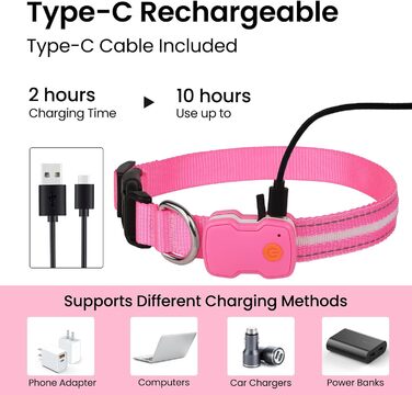 Світлодіодна нашийник для собак ASBRILL, зарядний, 7 кольорів RGB, 8 світлодіодів, регульований, водонепроникний, для маленьких, середніх та великих собак, (L, рожевий)