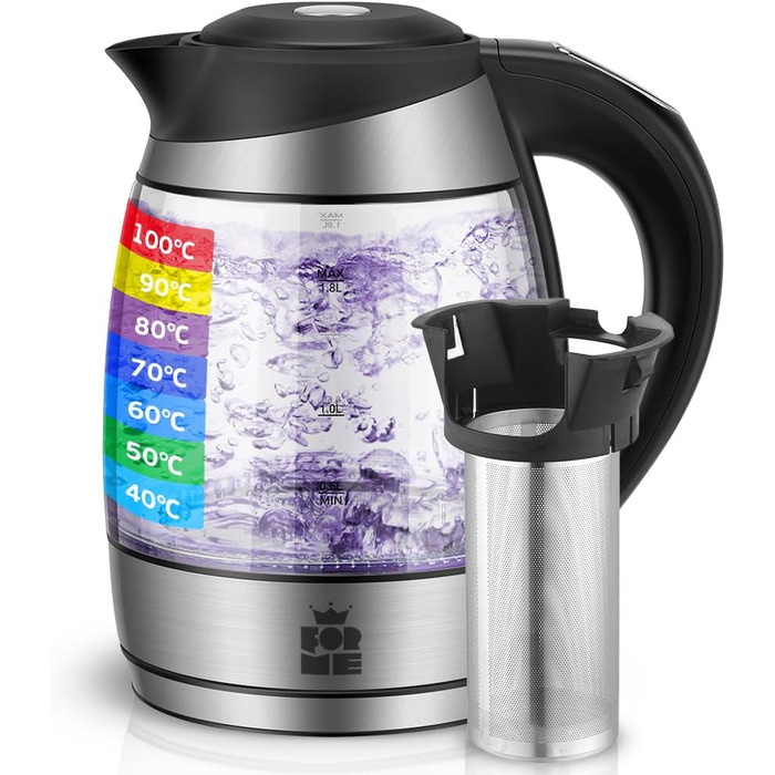Електричний чайник FOR ME Glas з ситом, 1.8L, регулювання температури 40-100°C, 7 кольорів LED, підтримання тепла, без BPA