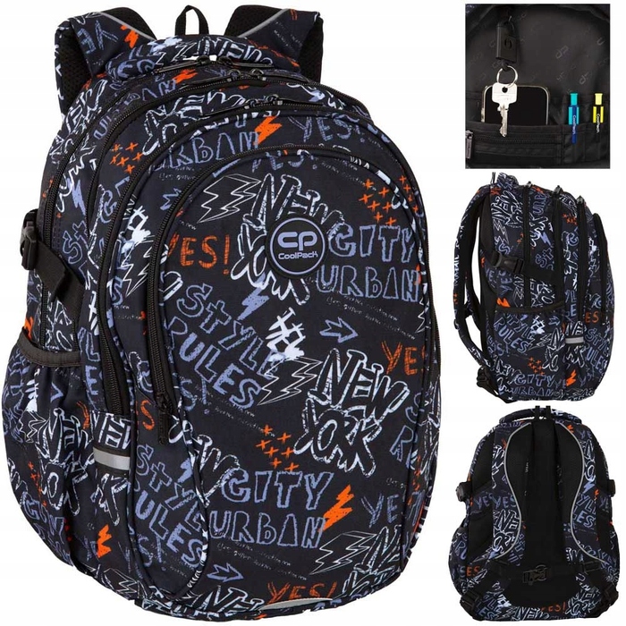 Великий багатокамерний шкільний рюкзак CoolPack чорний зі світловідбиваючими елементами