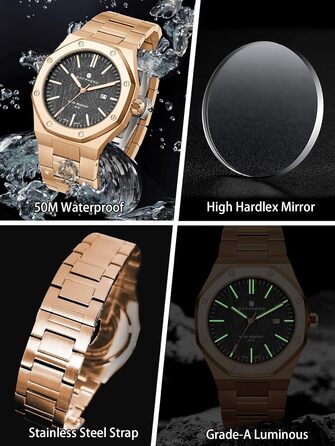 Годинник чоловічий SAPPHERO 30M водостійкий, з нержавіючої сталі, з кутом, кварцовий, з японським механізмом, бізнес-casual, з датою (золото-чорний)