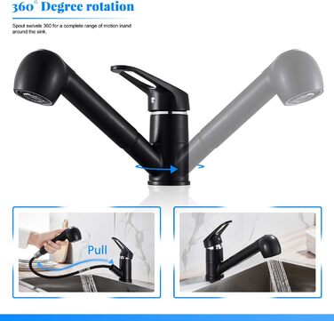 Висувна кухонна змішувач BONADE з двома виходами для води, поворотна на 360°, чорний