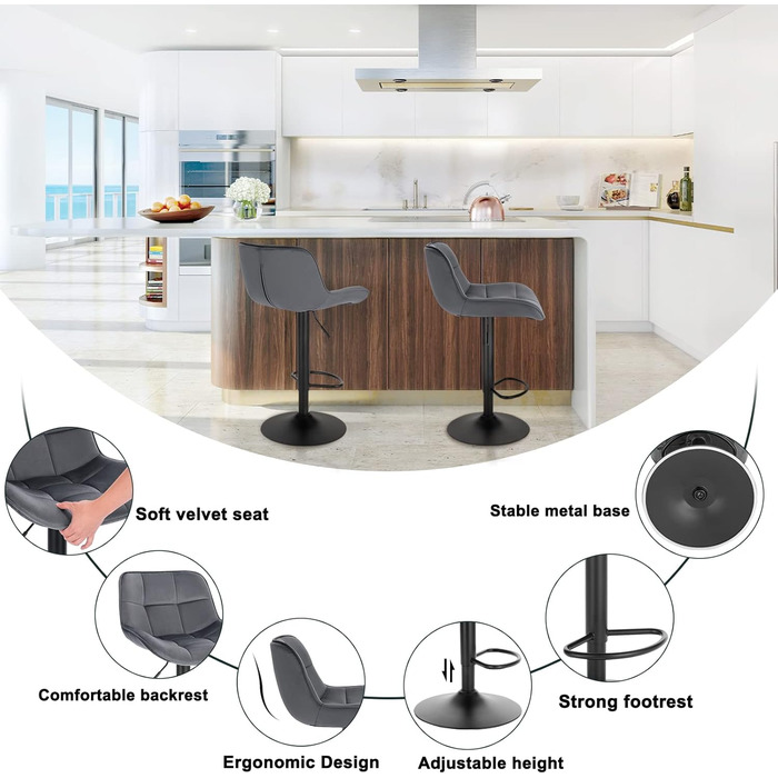 EUGAD Adjustable Bar Stools 2-Pack - 360° Swivel, Backrest, Footrest, Velvet Upholstery, Metal Frame - Dark Grey
