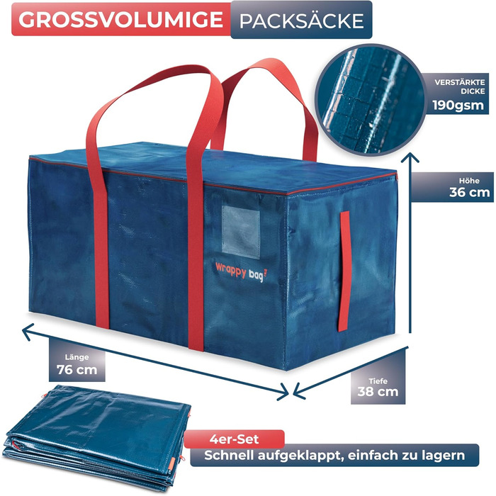 4-Pack Large Plastic Storage Bags – XXL Bags for Moving & Travel – Sturdy, thick & waterproof with reinforced handles – for clothing & bedding – 75 x 36 x 38 cm