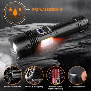 Ліхтарик LED акумуляторний, тактичний, 500000 люмен, 9 режимів, COB бічне світло, USB-C, для кемпінгу та надзвичайних ситуацій, чорний