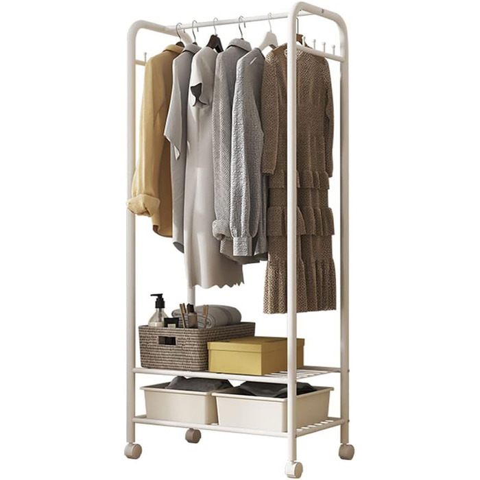 Unho Rolling Garment Rack, Metal Clothes Rack with 2 Shelves for Boxes, with Clothes Rod and Hooks, for Store Bedroom Dressing Room