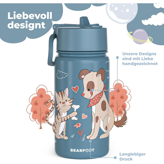 Дитяча термопляшка Bearfoot з нержавіючої сталі з трубочкою, 400 мл, без BPA, не протікає, для дівчаток та хлопчиків, ідеальна для школи та дитячого садка (Блакитна, з зображенням собаки та кота)