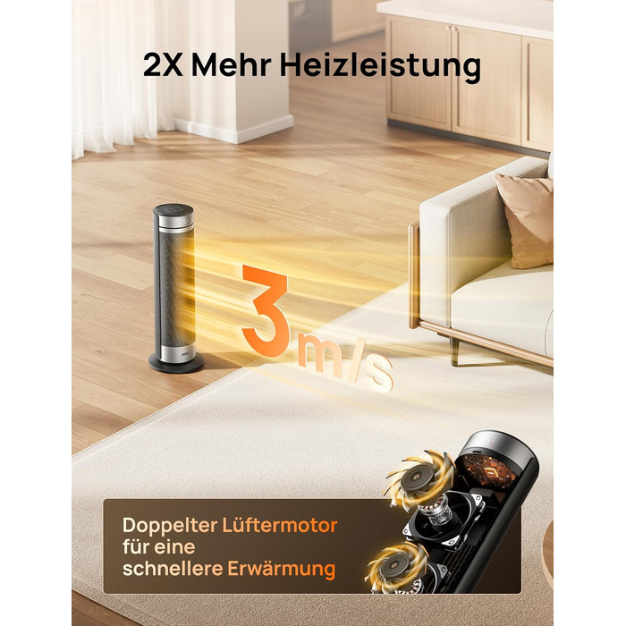 Електричний обігрівач Dreo 23 дюйми, 2000 Вт, тихий, з пультом керування, таймером 12 годин, 70° коливанням, 5 режимів, PTC кераміка з термостатом, для великих приміщень, офісу, срібний