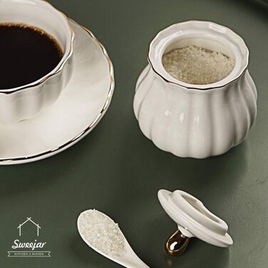 Sweejar Home Royal Ceramic Sugar and Creamer Set, 3-Piece Set with Cream Pitcher, Sugar Bowl, Sugar Set with Lid and Spoon, Coffee Service, Wedding Gift (White, New)
