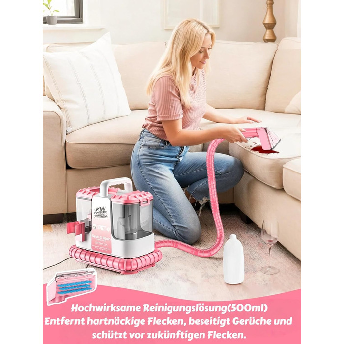 Портативний мийник для м'яких меблів 600W, 16Kpa, з розчином 500мл та 5 насадками. Для диванів, килимів, авто та сходин. Легкий та компактний, рожевий колір
