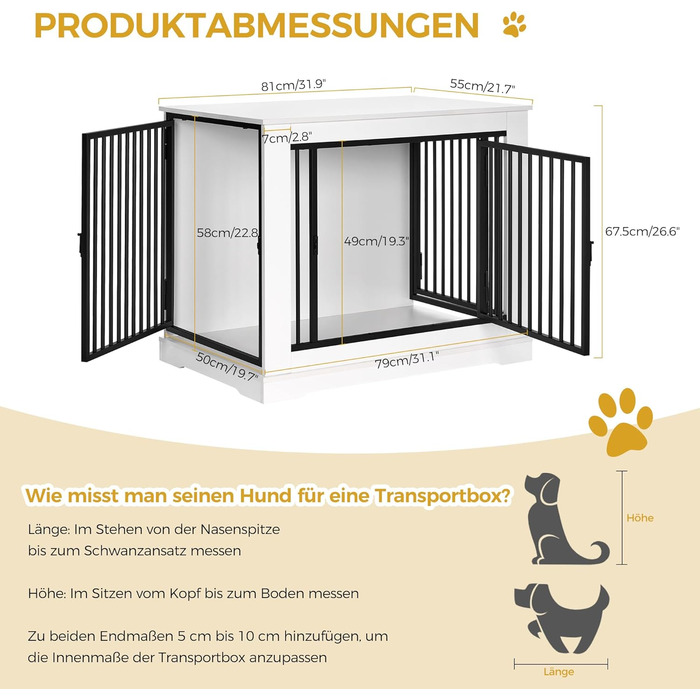 BEWISHOME Клітка для собак, 81 см, Біла, з 3 дверцятами, для дому, з функцією столику, для маленьких/середніх собак, EMGL03W