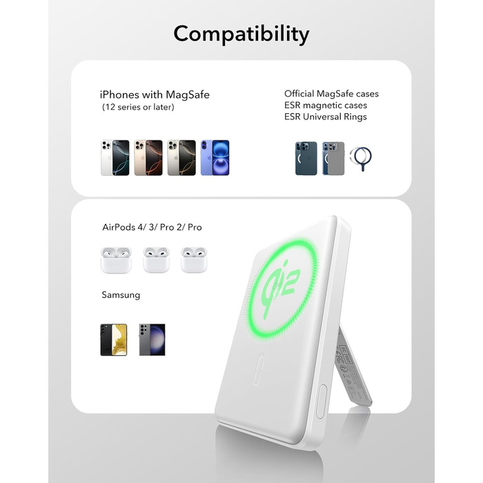 Power Bank ESR MagSafe QI2 з бездротовою магнітною зарядкою, 15W, 5000mAh, USB-C, білий (з підставкою)