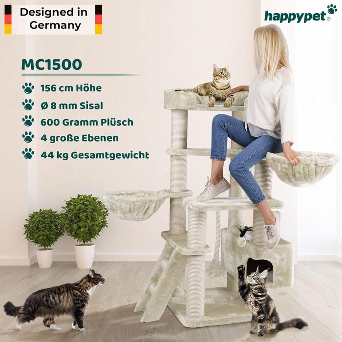 HAPPYPET Драбина для котів Якоб XXL - велика, стабільна, з сизалевими стовпами, товста платформа, для великих порід (кремовий)