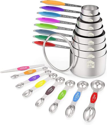 Wildone Measuring Cups and Magnetic Measuring Spoon Set, Stainless Steel, 16-Piece Set, 8 Measuring Cups, 7 Double-Sided Stackable Magnetic Measuring Spoons, 1 Leveler