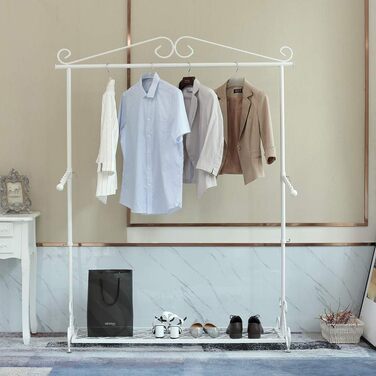 Clothes Rack Clothes Rail Coat Rack with Shoe Shelf, Width 136cm, Vintage Style Metal, Height Adjustable from 126 to 200 cm (White)