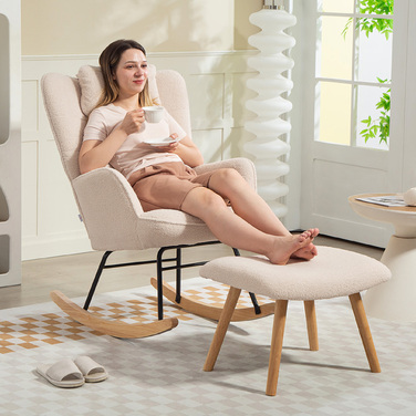 HOMCOM Rocking Chair with Ottoman, Soft Fleece Upholstery, Wooden Legs, Cushion, High Back, Rocker, Beige
