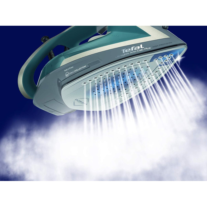 Парова праска Tefal Ultragliss Plus FV6842, 2800 Вт, знімний колектор накипу, подача пари 50 г/хв, паровий удар 260 г/хв, автоматичне вимкнення, захист від накипу, антицарапка, бірюзово-сіра