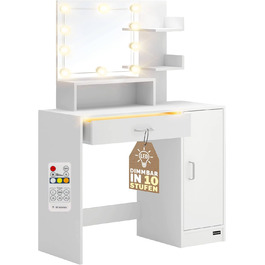 Туалетний столик Casaria з LED підсвіткою, дзеркалом і 3 полицями, білий, дерев'яний, з висувними шухлядами, для макіяжу, з пультом дистанційного керування, розмір 90x40 см