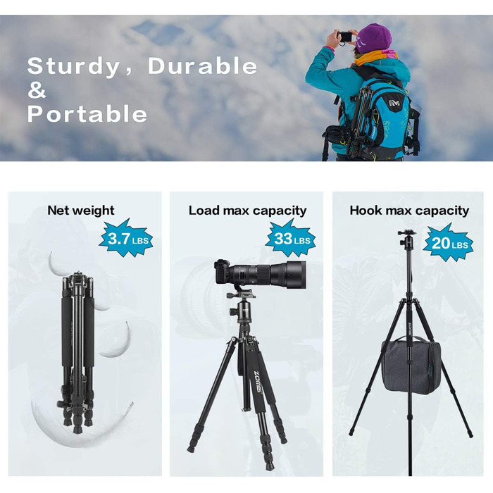 Штатив Zomei Z818 165 см, монопод з кульковою головкою 360° для Canon, Nikon, Sony DSLR камер, чорний