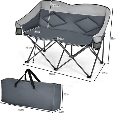 Кемпінговий стілець COSTWAY для двох осіб: складаний стілець з м'яким сидінням, спинкою, підлокітниками та тримачем для напоїв, вантажопідйомність 226 кг