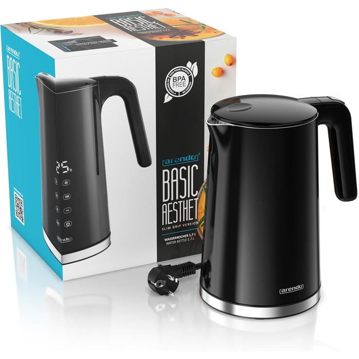 Електричний чайник Arendo з регулюванням температури, нержавіюча сталь, подвійні стінки Cool Touch, дисплей, бездротовий, 2200 Вт, 1,7 л, захист від перегріву, функція підтримання тепла, чорний